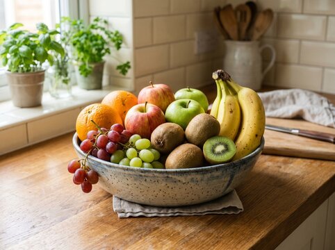 Fresh assorted fruits like bananas apples kiwi and grapes arranged inside a rustic ceramic bowl sitting on wooden kitchen counter
