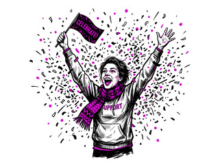 Obraz premium Celebratory fan with arms raised and flag amidst confetti
