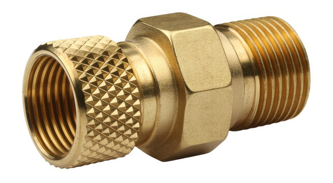 Brass pipe fitting connector with threaded ends isolated on a plain white background