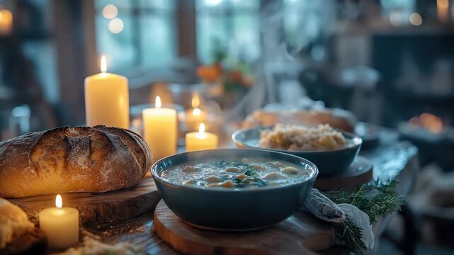 Warm soup steams gently in a ceramic bowl, placed beside a crusty artisan bread loaf upon an aged wooden surface, softly illuminated by glowing candle light.