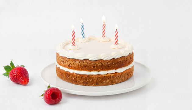 Cake with candles and strawberries on white plate for celebration  