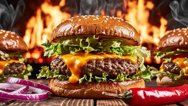 Three burgers with flames in background symbolizing healthy eating and gourmet lifestyle