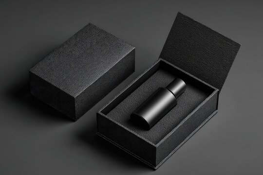 Black Cosmetic Bottle in Open Black Gift Box on Dark Background.