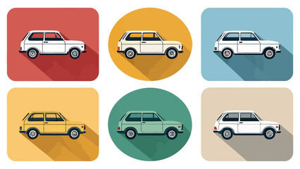 Obraz premium Set of vintage car icons in flat design style on colorful backgrounds
