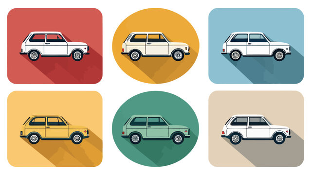 Set of vintage car icons in flat design style on colorful backgrounds
