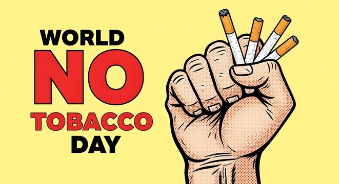 World no tobacco day poster with a fist crushing cigarettes in pop art style