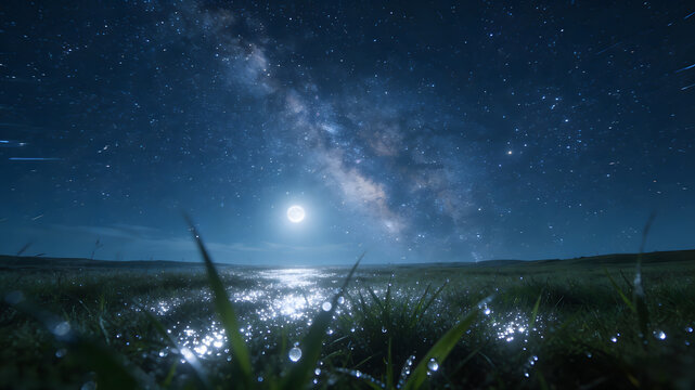 Night sky with Milky Way, full moon, and dew-covered grass on open field
