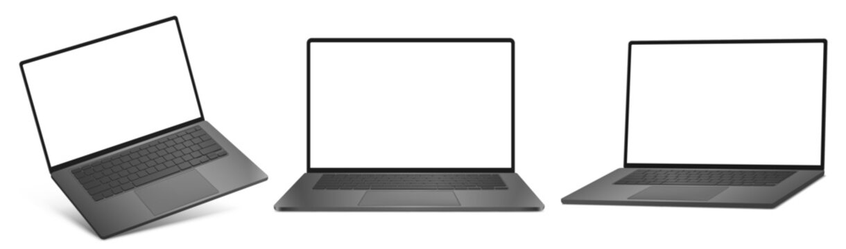 Realistic laptop mockup with blank screen isolated on white background, perspective laptop mock up different angles views. Vector illustration