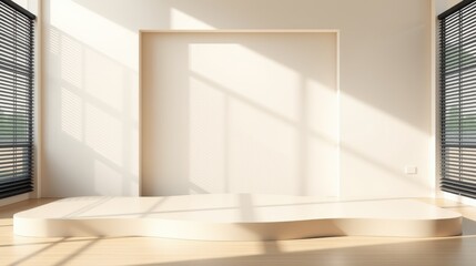 Fototapeta premium Minimalist interior. Light fills space, highlighting curved platform. Neutral tones create calm atmosphere. Perfect display setting.