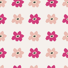 Obraz premium Simple seamless pattern of pink and magenta garden cosmos flowers in a whimsical style over a neutral beige background