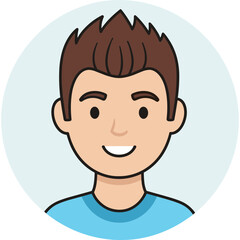 Obraz premium A smiling young man with brown hair and a blue shirt looks forward in a circular frame.