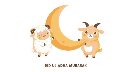 Fototapeta premium Eid Ul Adha Mubarak, Islamic Holiday, Sheep and Goat, Crescent Moon, Cartoon Animals, Muslim Celebration