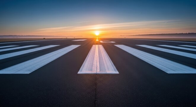 Empty runway at airport during sunrise with sun low on horizon.