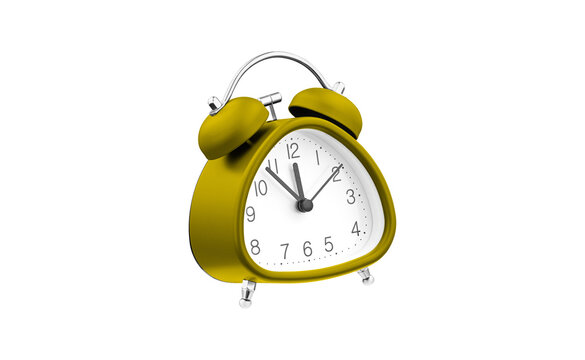 Modern Yellow analog table clock with a unique geometric shape and double bells. High-quality studio shot of a blue timekeeping device, perfect for product catalogs and e-commerce.