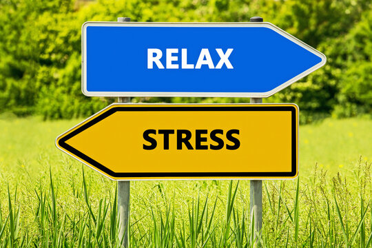 Two signs point in different directions, one says relax and the other says stress in a green field during daytime