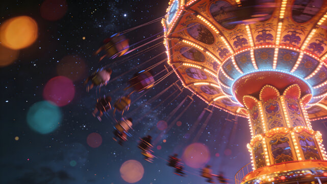 Ornate carousel with glowing lights and swinging seats against starry night sky