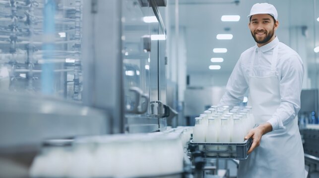 Smiling Worker in Dairy Production Facility
