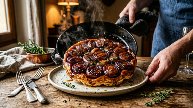 Savory Caramelized Onion Tarte Tatin Served Fresh From Cast Iron Skillet on Rustic Wooden Table