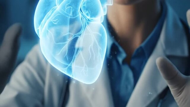 Doctor analyzing glowing 3D heart hologram in futuristic medical setting