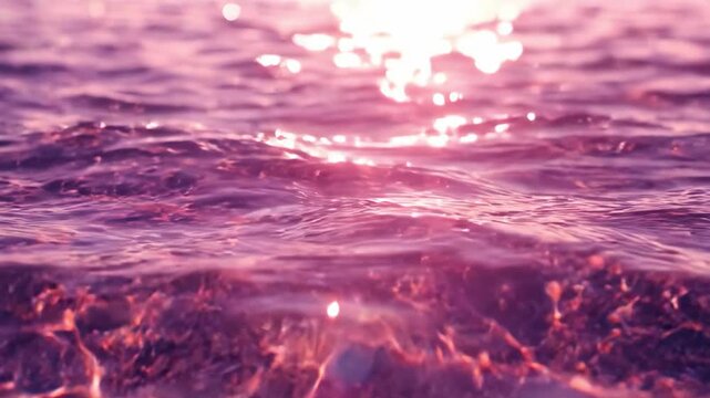Pink water surface rippling and reflecting bright sunlight during sunset