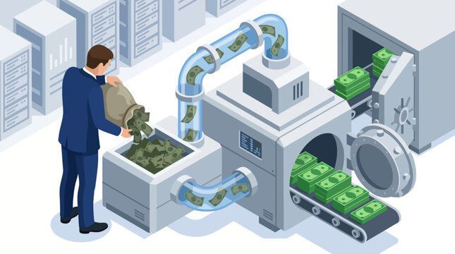 This image depicts a money processing machine with cash being added and bank notes exiting through a vault, symbolizing financial transactions and security in banking.