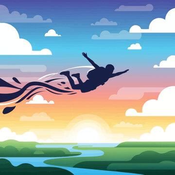 Silhouette of a person skydiving freely.