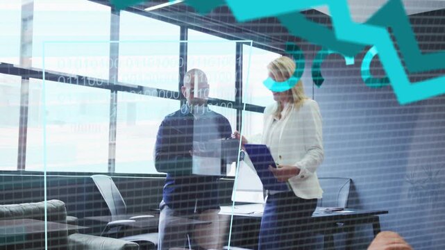 Colleagues reviewing business report, animated overlays moving over them forming rising bar chart