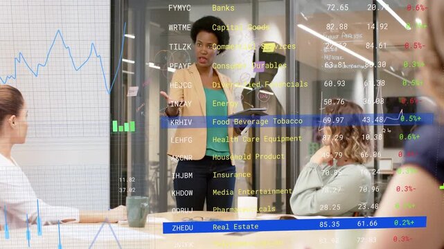 Presenter opening meeting pointing graph while finance overlays reacting to gestures, updating team