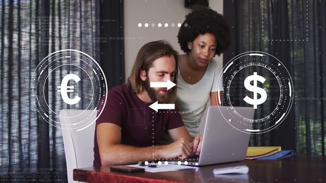 Man typing laptop, woman pointing, HUD converting &euro; to $, couple planning finances celebrating
