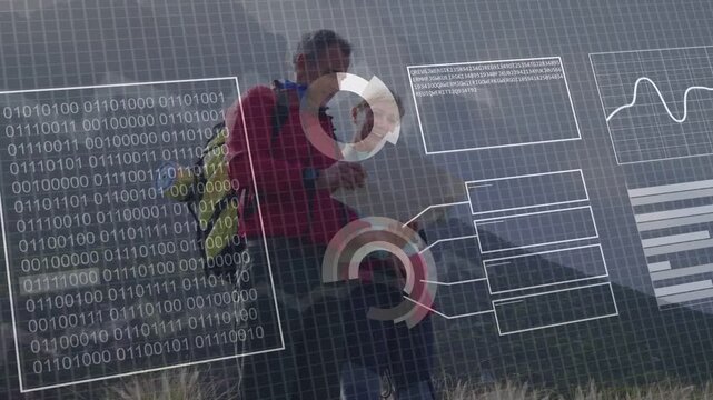 Two hikers tapping handheld, HUD rings and charts growing around device, guiding outdoor navigation