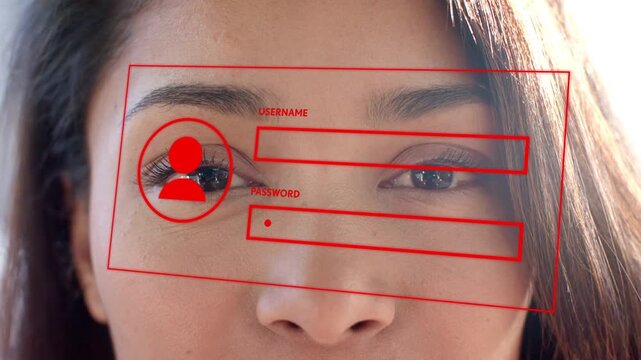 Woman opening eyes and causing red overlay filling username on face, glitching reforming for login