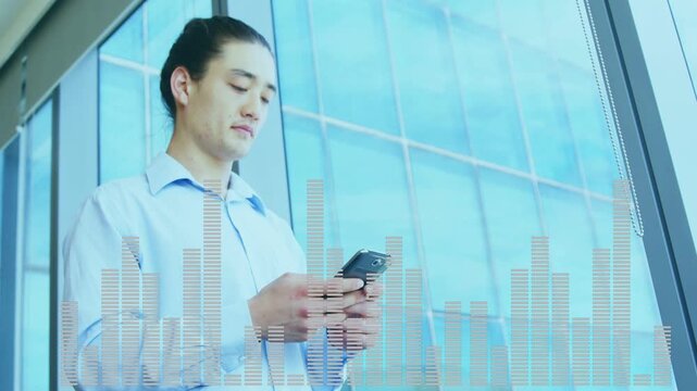 Office worker standing by window tapping smartphone causing animated EQ rising for audio check