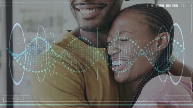 Couple hugging by window on playback, smiling while waveform HUD moving over couple for tech demo
