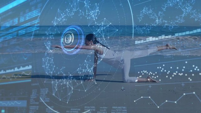 Vertical video: Woman starting tabletop beach fitness, extending arm and leg while HUD aligning