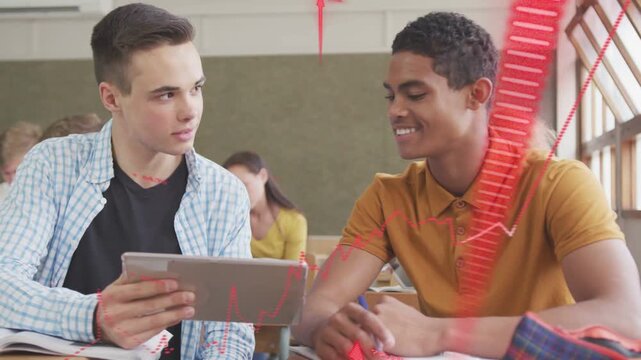 Left student showing tablet to peer, pointing, studying, taking notes, red overlays across frames