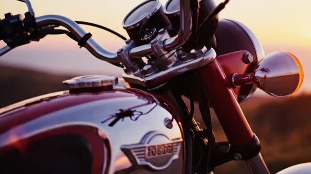 Classic Red Motorcycle Tank and Handlebars at Sunset, Vintage Motorcycle