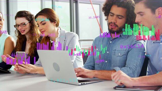 Finance team leaning over laptop after center woman showing smartphone, analyzing animated charts