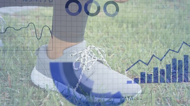 Collecting-data overlay appearing, hands threading and knotting gray shoe laces, preparing for run