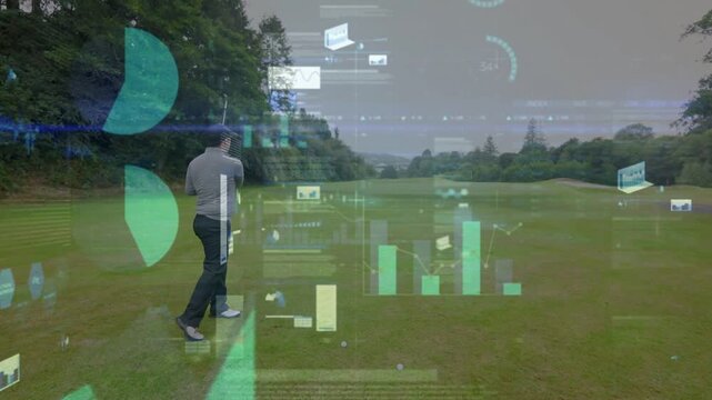 Male golfer addressing, executing full swing then chipping, golf HUD overlaying him analyzing shot