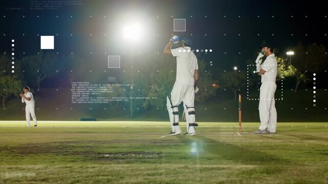 Batsman front driving as bowler bowling seeking runs sport overlays showing action under floodlight