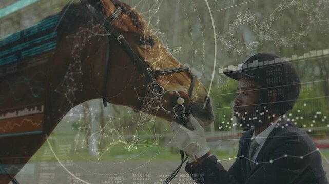 Equestrian lifting hand checking bit and fixing bridle, calming horse as HUD nodes overlay shifting