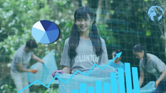 Girl holding blue bag while team picking litter, data charts and globe tracking eco data