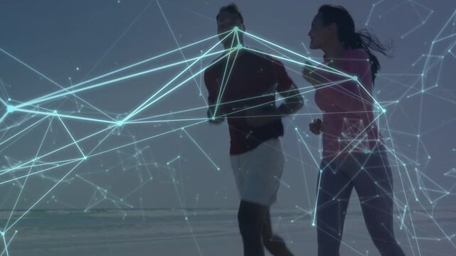 Two runners starting together on shoreline, training for fitness while glowing network tracing them
