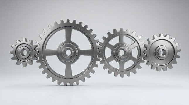Four interlocking metallic gears in a horizontal row representing teamwork and mechanics.