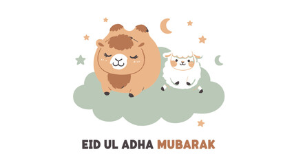 Fototapeta premium Eid Ul Adha Mubarak, Islamic Holiday Greeting, Cartoon Sheep, Ramadan Celebration, Vector Illustration
