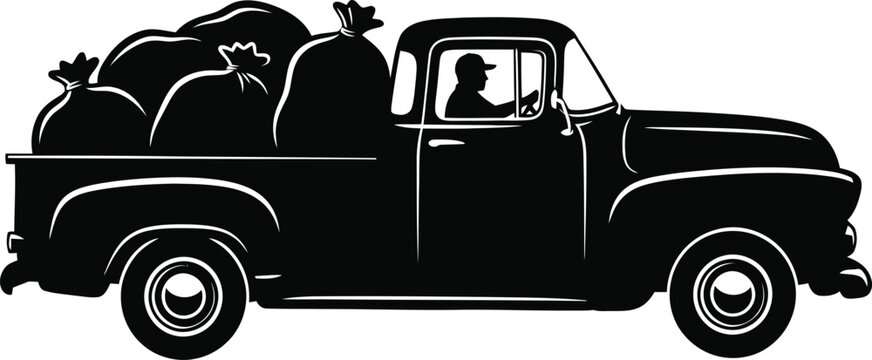 Silhouette of vintage pickup truck hauling trash bags