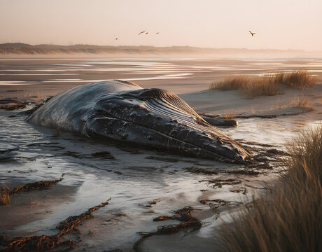 Stranded humpback whale on a sandbank in the Baltic Sea in Germany.
