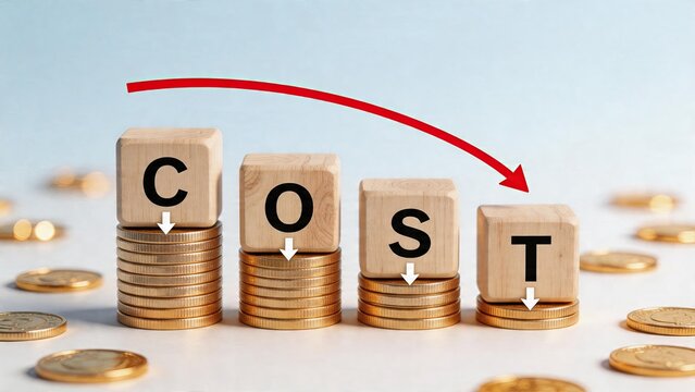 Business finance concept wooden blocks spelling cost with decreasing gold coins red arrow pointing down for budget optimization monetary expense reduction strategy economic