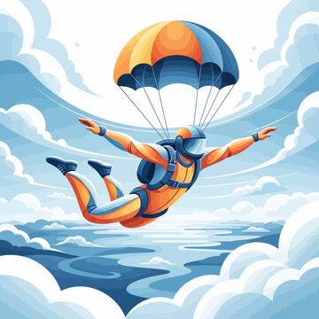 Skydiver in mid jump with parachute.