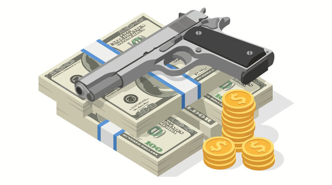 A striking arrangement of a handgun, stacks of cash, and gold coins illustrate a stark contrast between wealth and violence, evoking strong emotions about crime and greed.